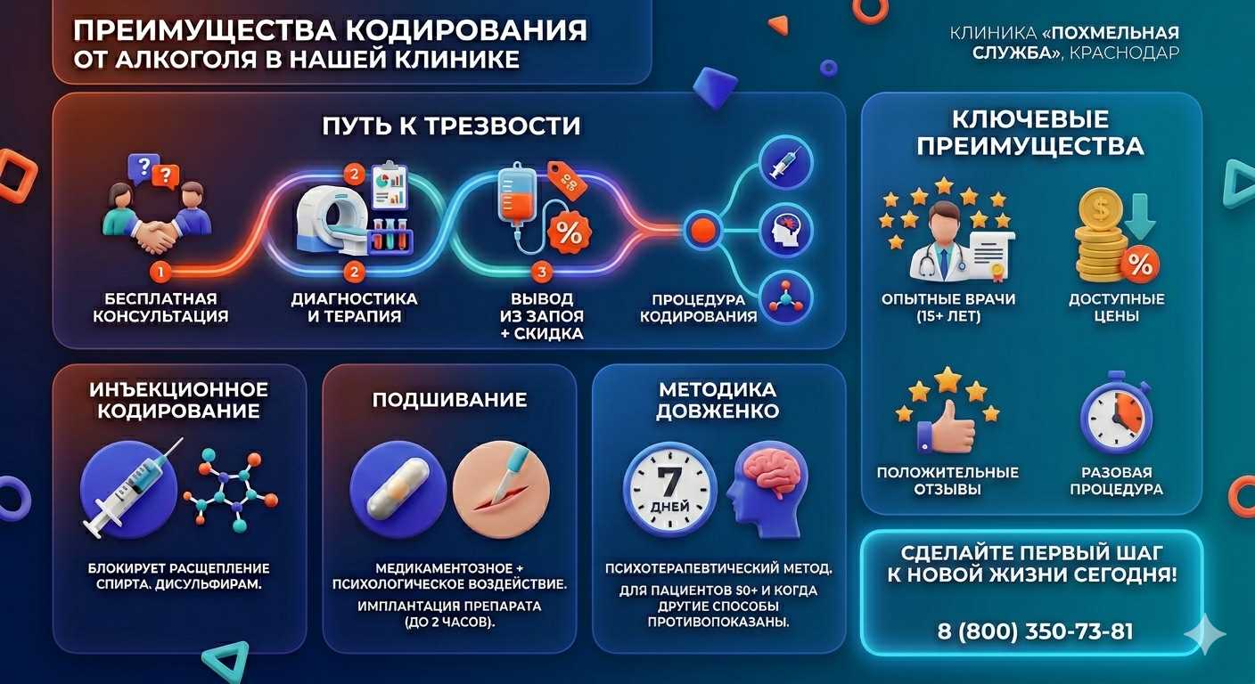 Инфографика о методах кодирования от алкоголя в Нытве: инъекции, подшивание, метод Довженко. Преимущества клиники и этапы лечения.